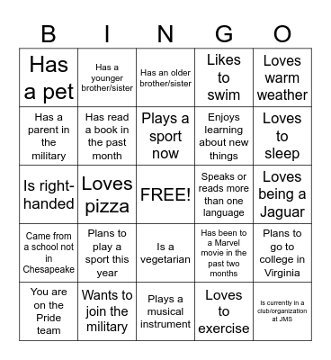New Student Bingo Card