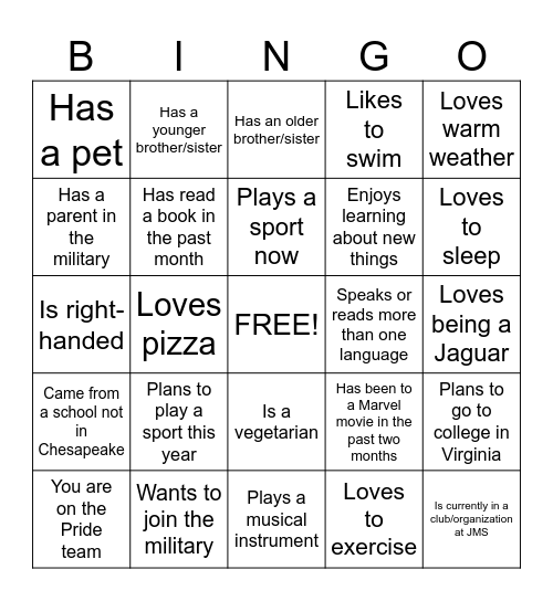 New Student Bingo Card