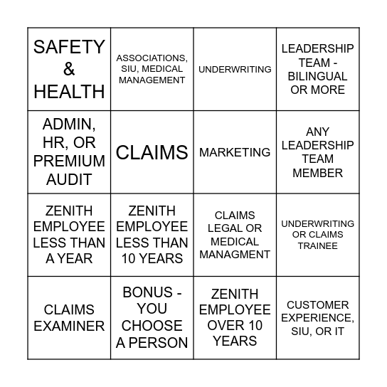 Zenith Bingo Card