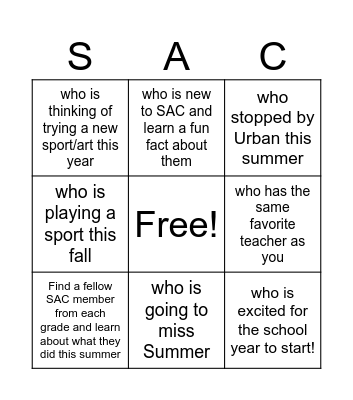 SAC Training Human Bingo! Bingo Card