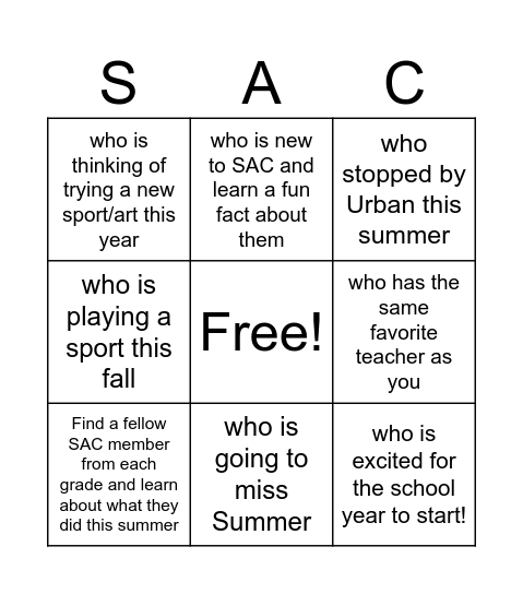 SAC Training Human Bingo! Bingo Card