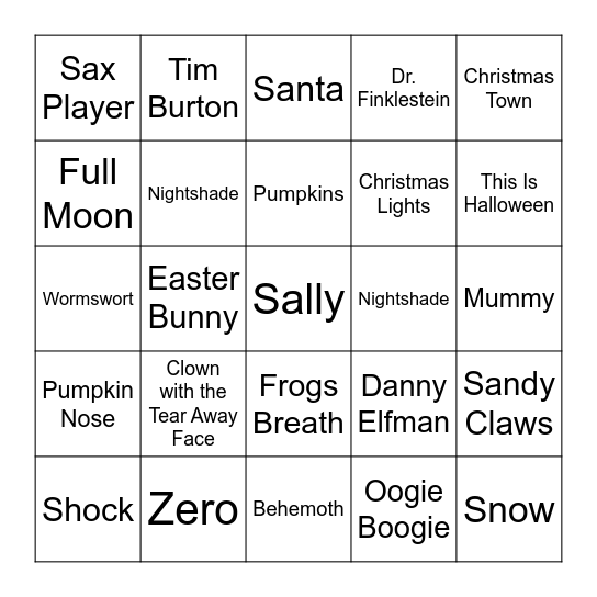 The Nightmare Before Christmas Bingo Card