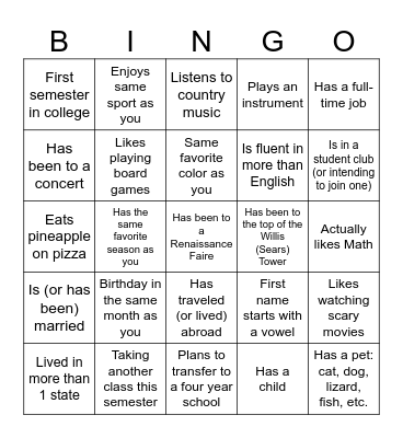 Statistics Fall 2024 Icebreaker Bingo Card