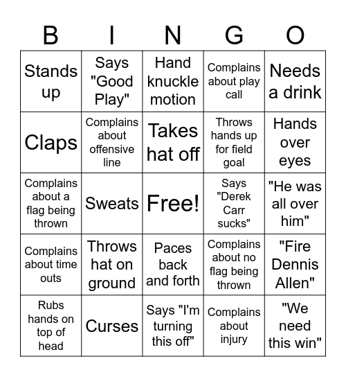 NFL - Husband Bingo Card