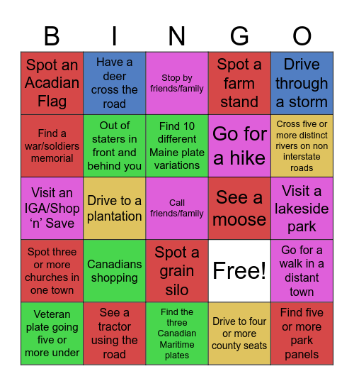 Maine Road Trip Bingo Card