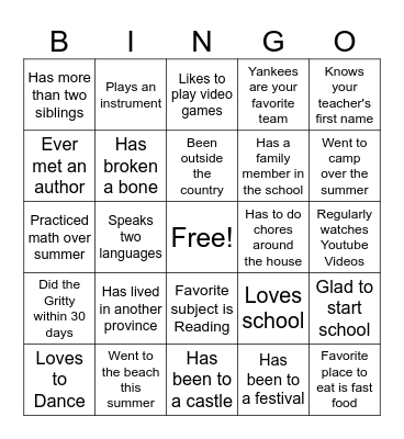 First Day of School Bingo Card