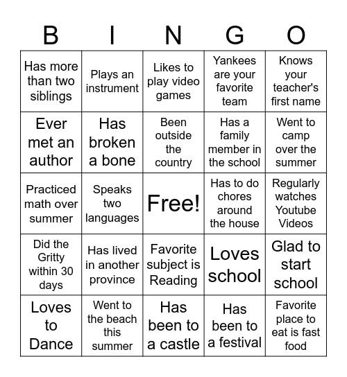 First Day of School Bingo Card