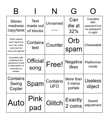 Geometry dash recent levels Bingo Card