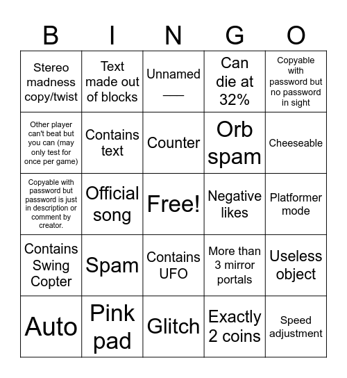 Geometry dash recent levels Bingo Card