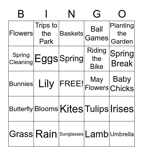 Springtime Activities Bingo Card