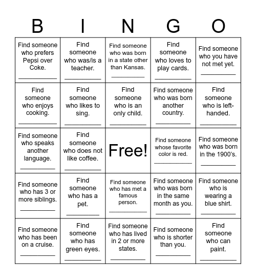 Get To Know You Bingo Card