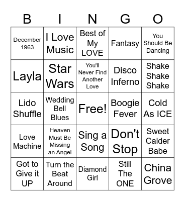 Big C's 70's Hits Bingo Card