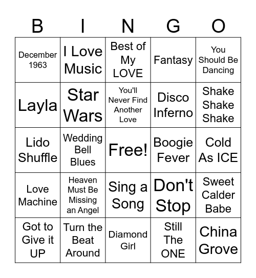 Big C's 70's Hits Bingo Card