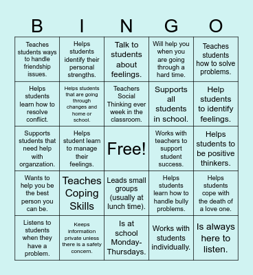 School Counselor Bingo Card