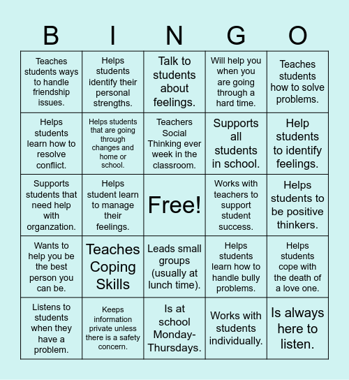 School Counselor Bingo Card