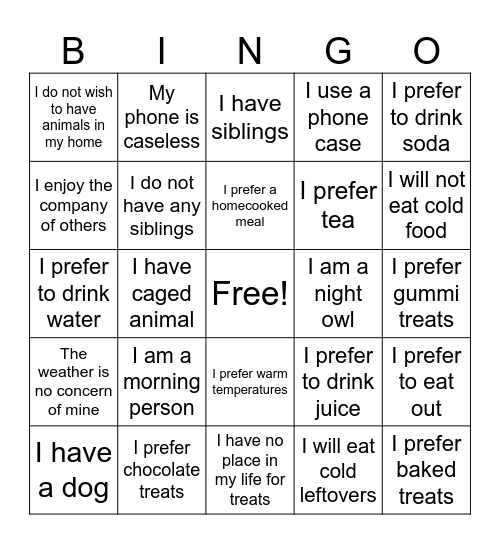 Things I like and Don't like bingo Card