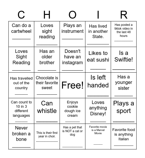 Get to know your choir peeps! Bingo Card