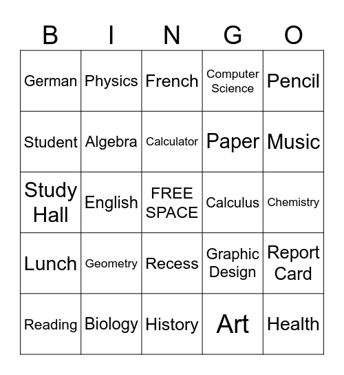 Back to School Bingo Card