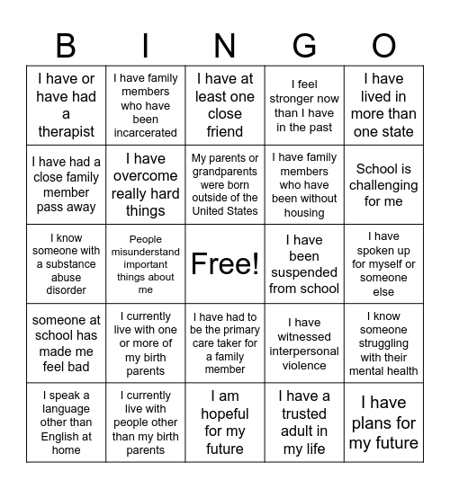 Getting to Know You Bingo Card