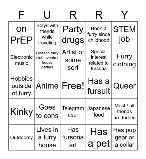 Furry Bingo except I don't have a disdain for the community Bingo Card