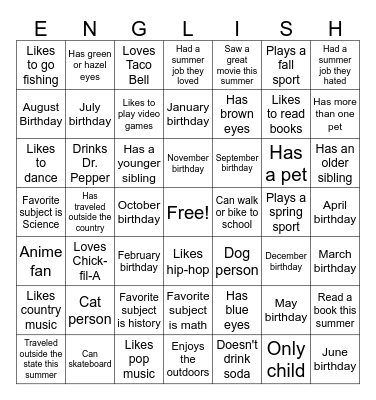 ENGLISH Bingo Card