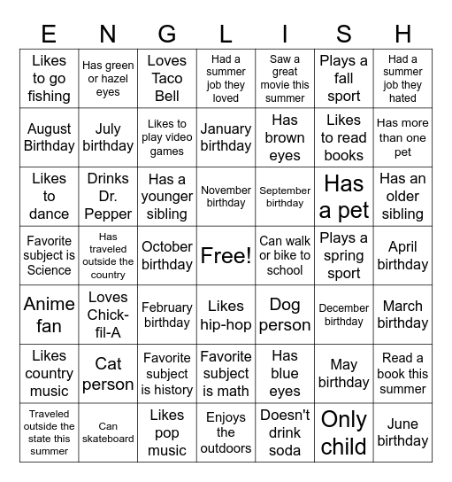 ENGLISH Bingo Card