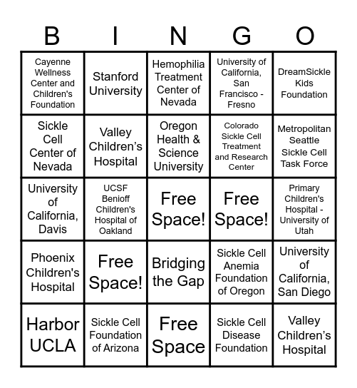 Pacific Sickle Cell Regional Collaborative (PSCRC) Bingo! Bingo Card