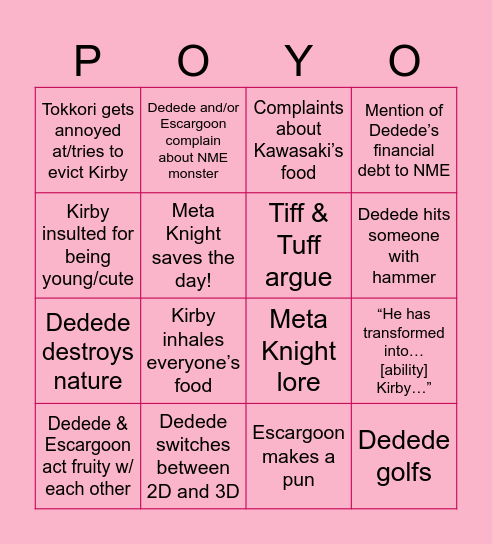 Kirby: Right Back at Ya! Bingo Card