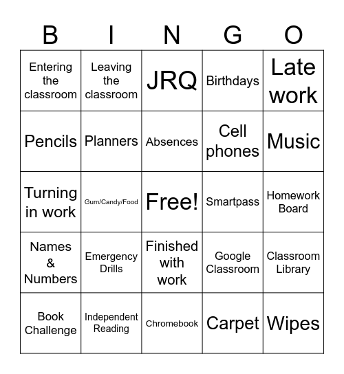 Expectations Bingo Card