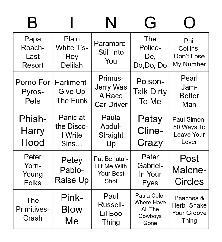 Radio Bingo "P"s in a Pod Bingo Card