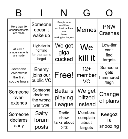 SIN BLITZ BINGO Card