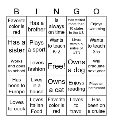 Getting to Know You Bingo Card