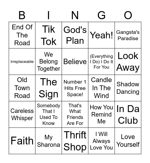 Number 1 Hits Bingo Card