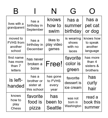 Beginning of Year BINGO Card