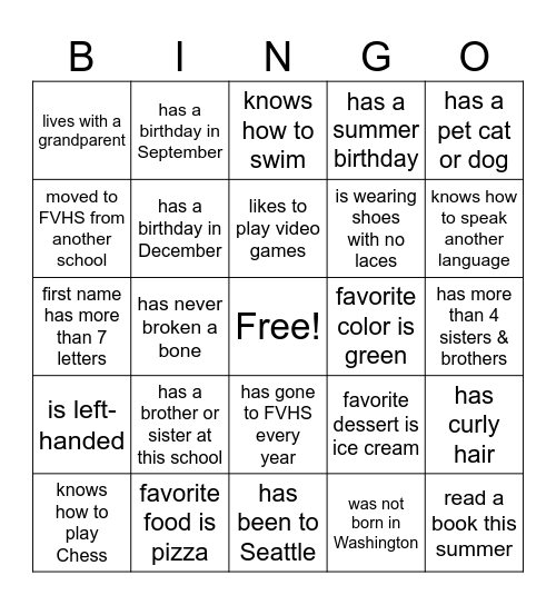 Beginning of Year BINGO Card