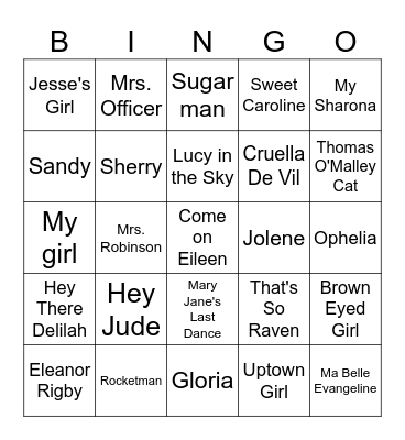 Songs Named After People Bingo Card