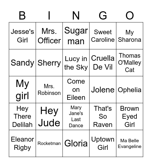 Songs Named After People Bingo Card