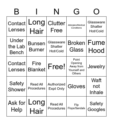 Lab Safety Bingo Card