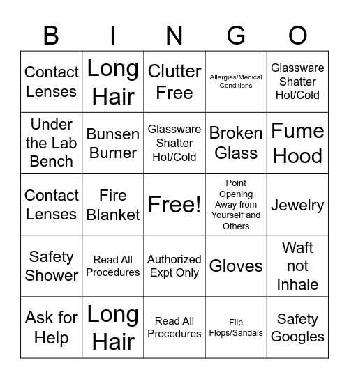 Lab Safety Bingo Card