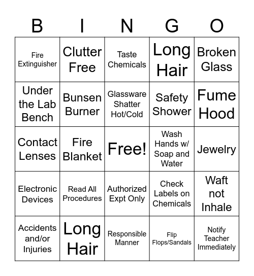 Lab Safety Bingo Card