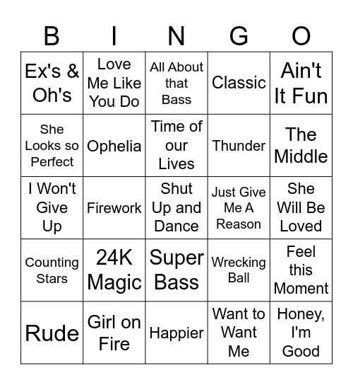 2010's Hits Bingo Card