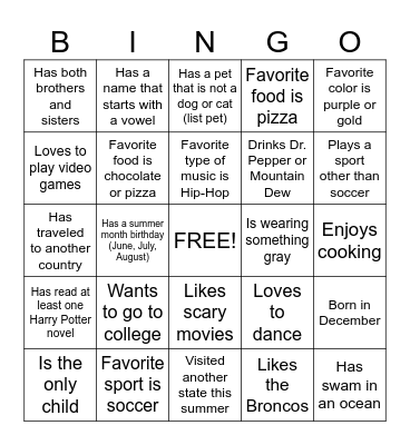 Getting to Know You Bingo Card