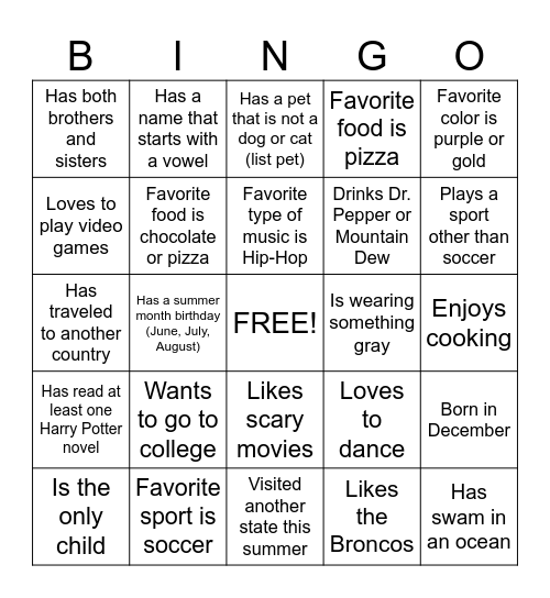 Getting to Know You Bingo Card