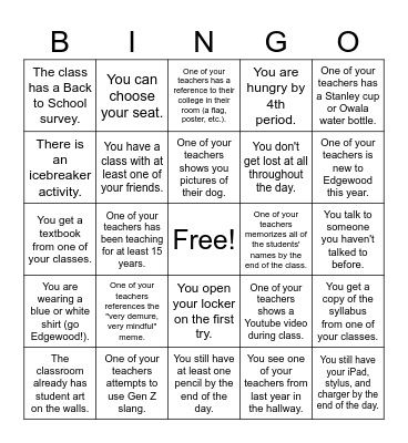 First Day of School Bingo Card