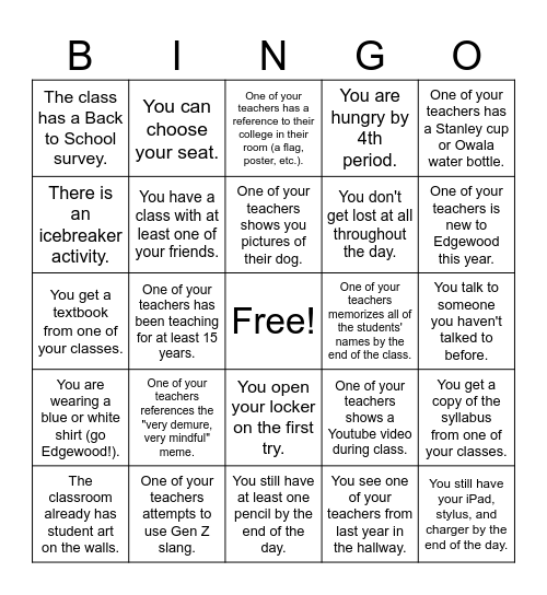 First Day of School Bingo Card