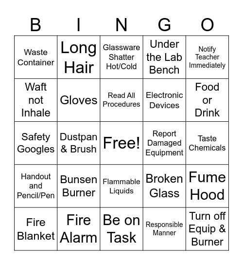 Lab Safety Bingo Card