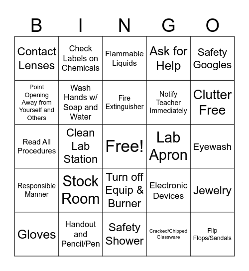 Lab Safety Bingo Card