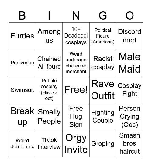 Comic Con Bingo Card