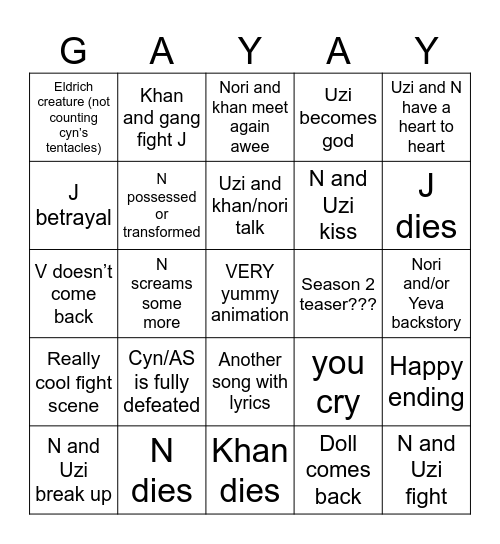 Murder finale Bingo Card