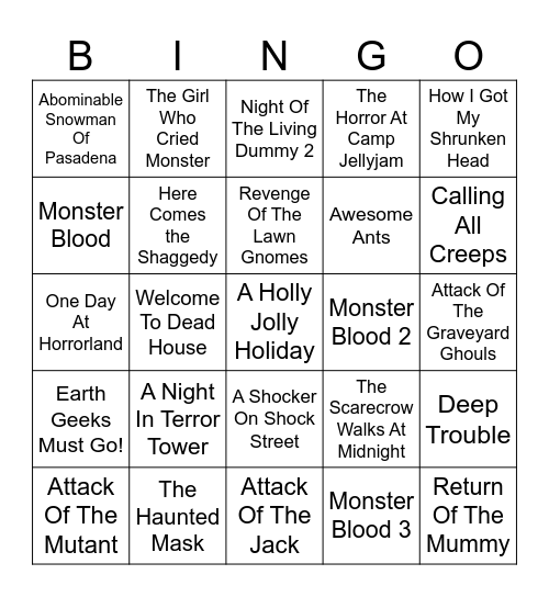 Goosebumps TV Series Bingo Card